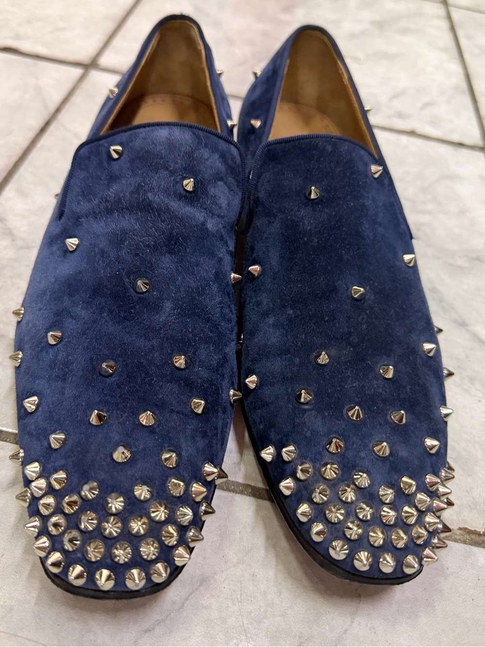 Christian Louboutin Mens Blue Suede Spike Studded Loafers Size 42 1/2